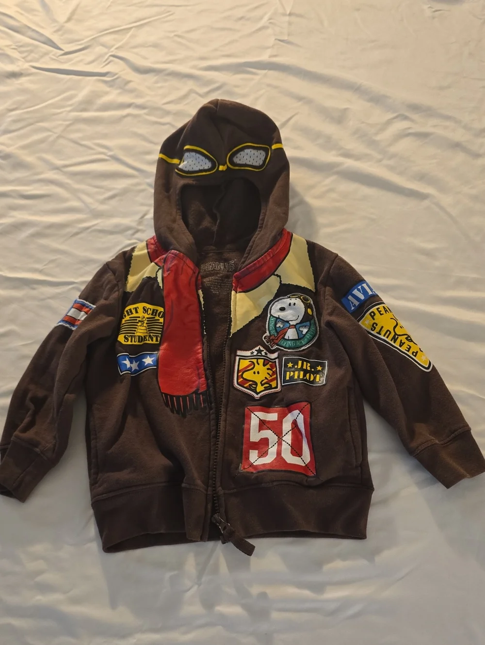 Kids Brown Aviator Hoodie Snoopy & Woodstock Peanuts Zip Up
